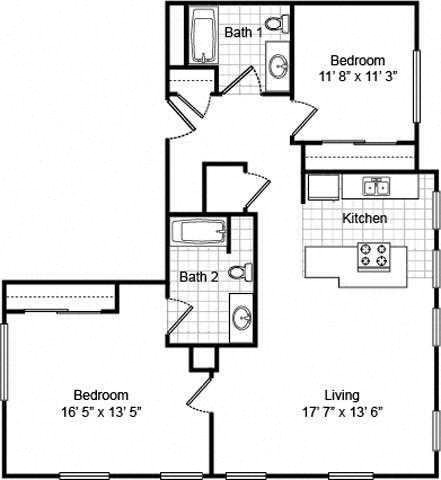 2 bedroom 2 bath 2d floorplan, Valentine Apartments Kansas City, MO
